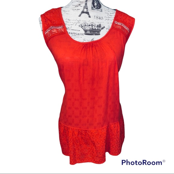Knox Rose Tops - Knox Rose Bright Red Soft Lcae Trim Sleeveless Blouse XL